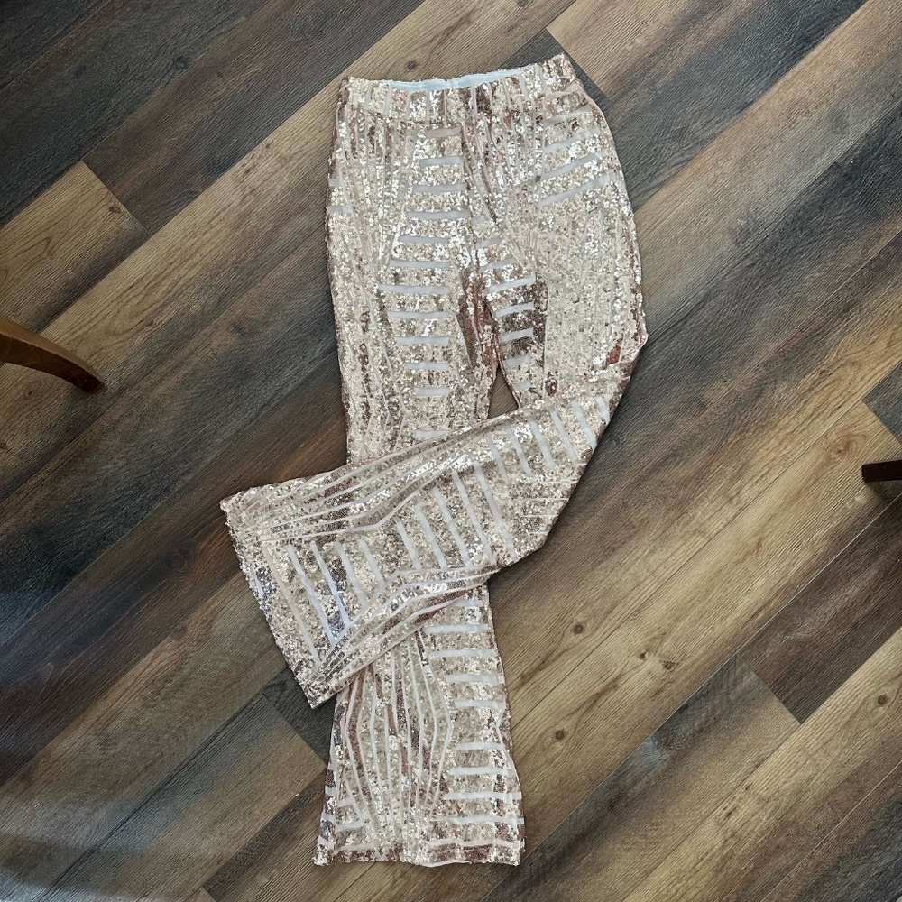 Sequin Flare High Waist Party Pants - W Med - Rose Gold